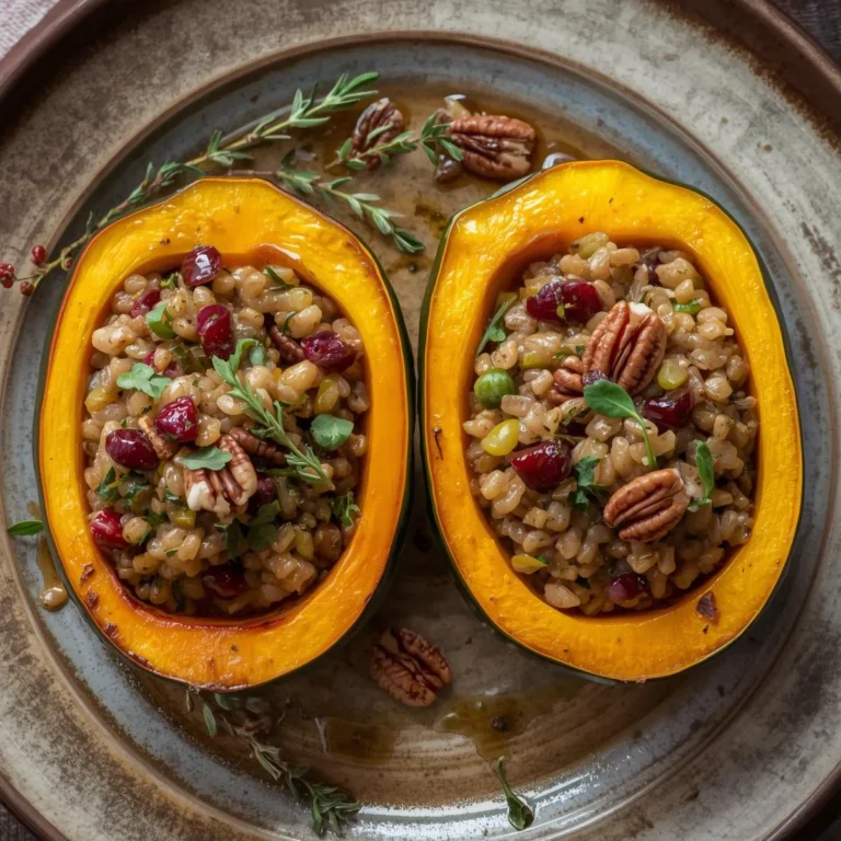 Stuffed Acorn Squash with Wild Rice, Cranberries & Pecans