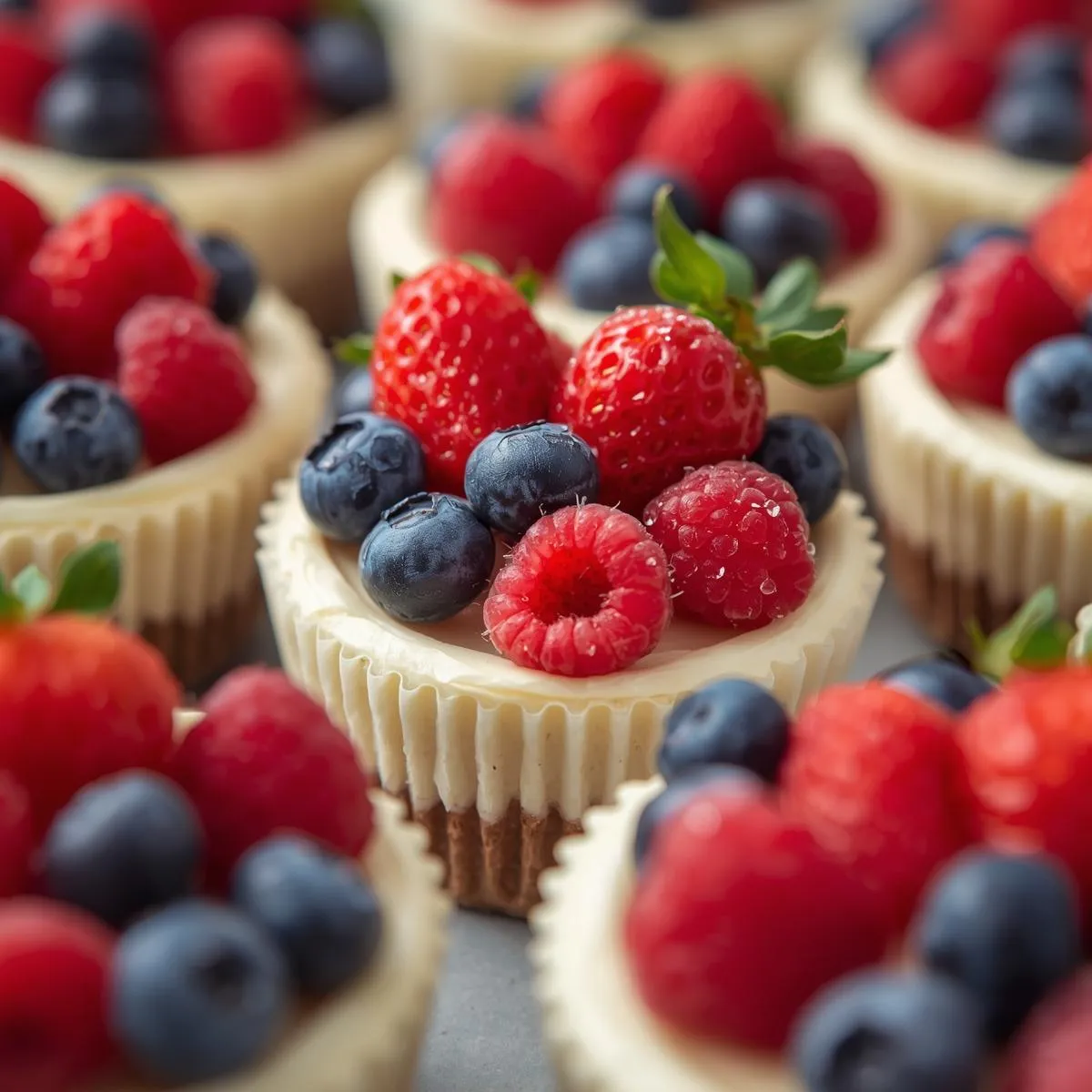  Individual no-bake cheesecake cups garnished with fresh berries.