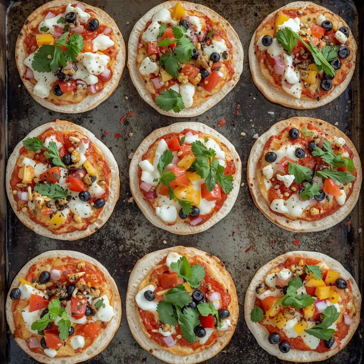 Mini pita pizzas with colorful toppings on a tray