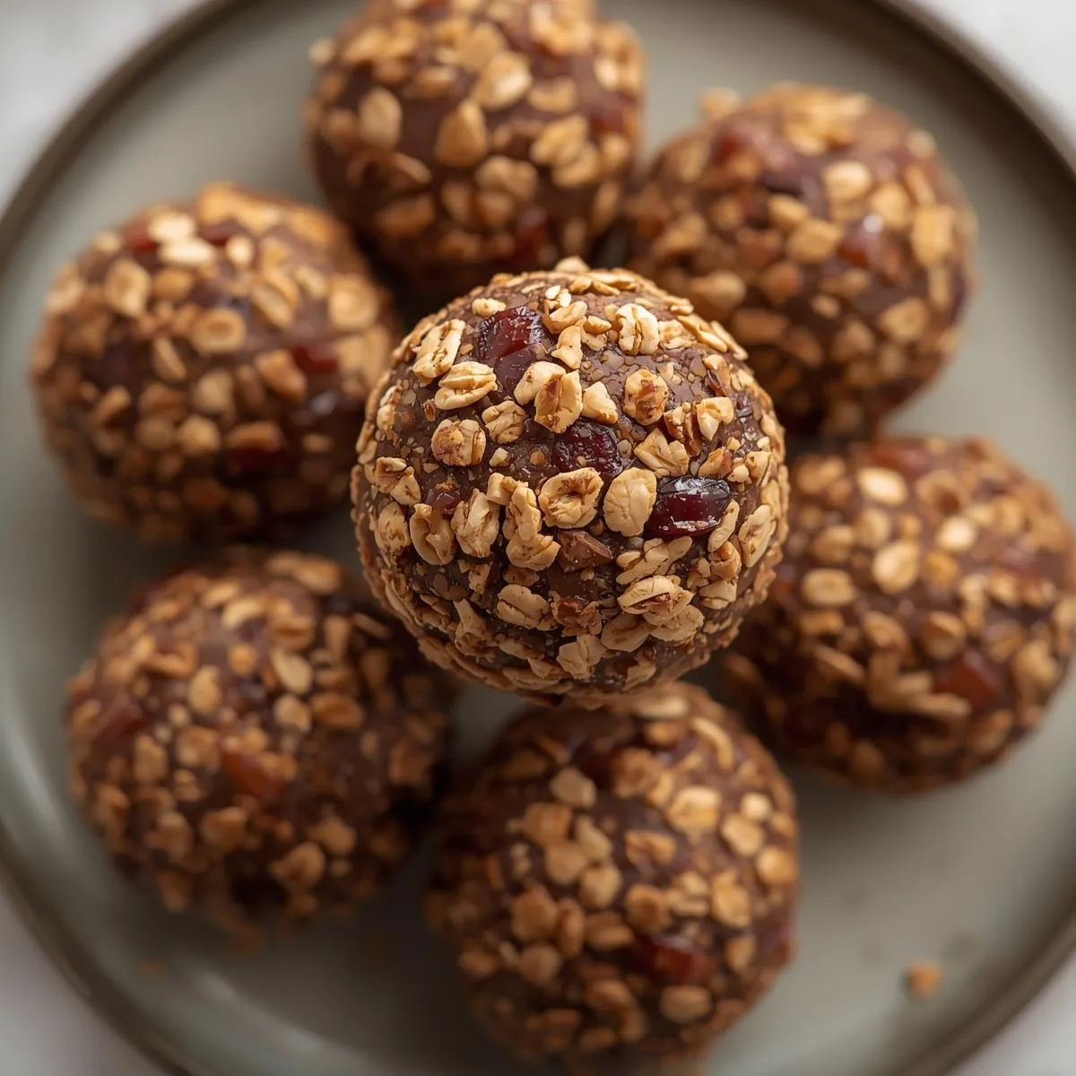 Oat and date energy bites stacked on a plate