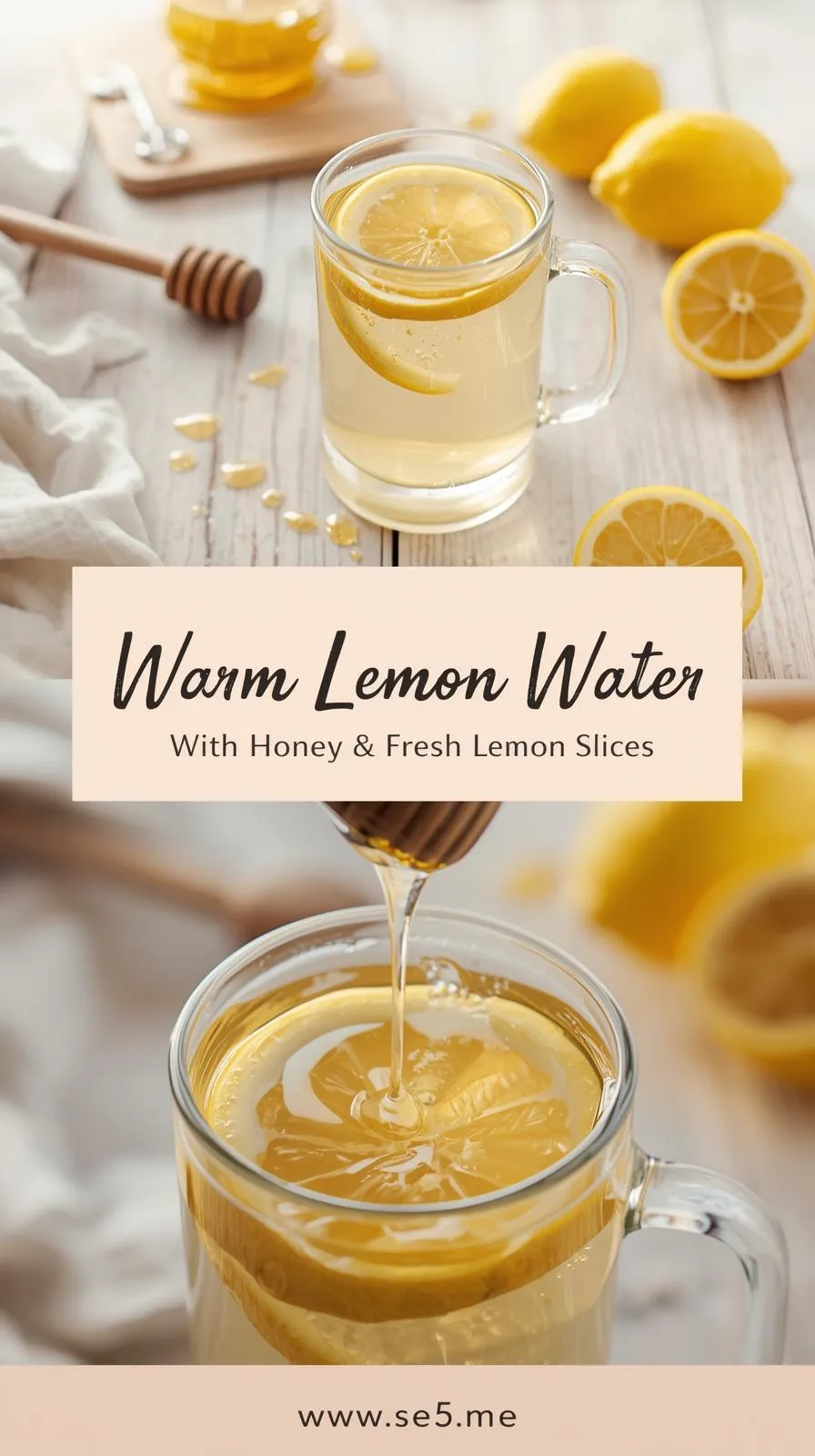 Warm lemon water with a honey drizzle and fresh lemon slices