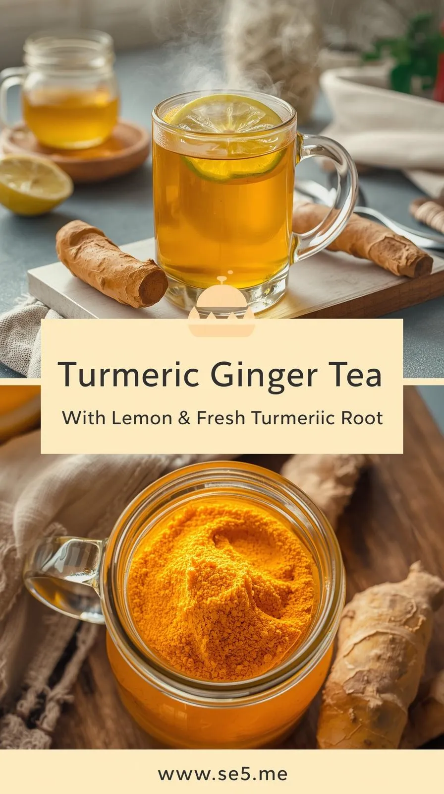 Turmeric ginger tea with lemon slice and fresh turmeric root