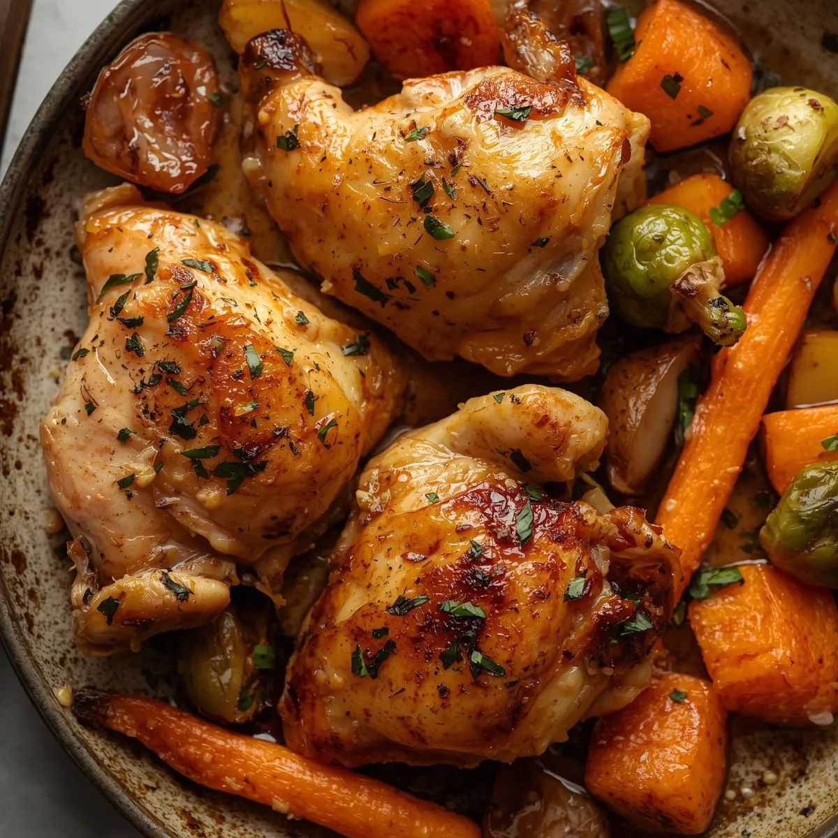 Slow-cooked lemon garlic chicken served with roasted vegetables on a plate