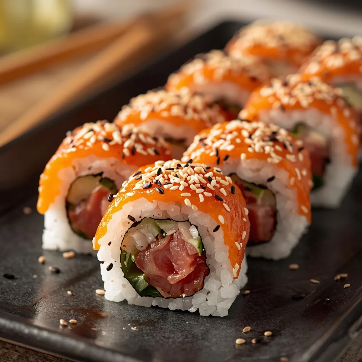 Spicy tuna sushi rolls with sesame seeds on top