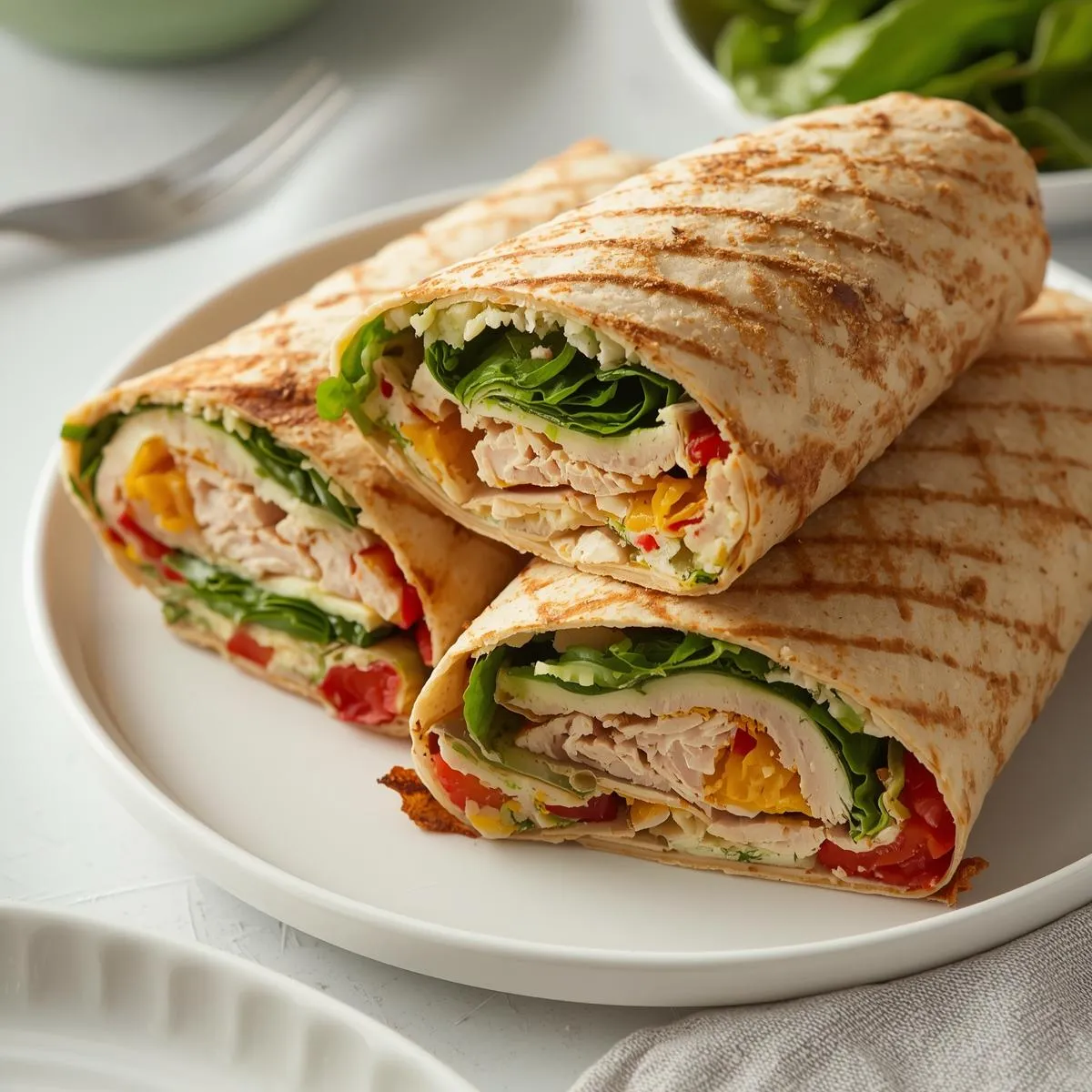 Turkey and spinach wraps sliced in halves on a white plate