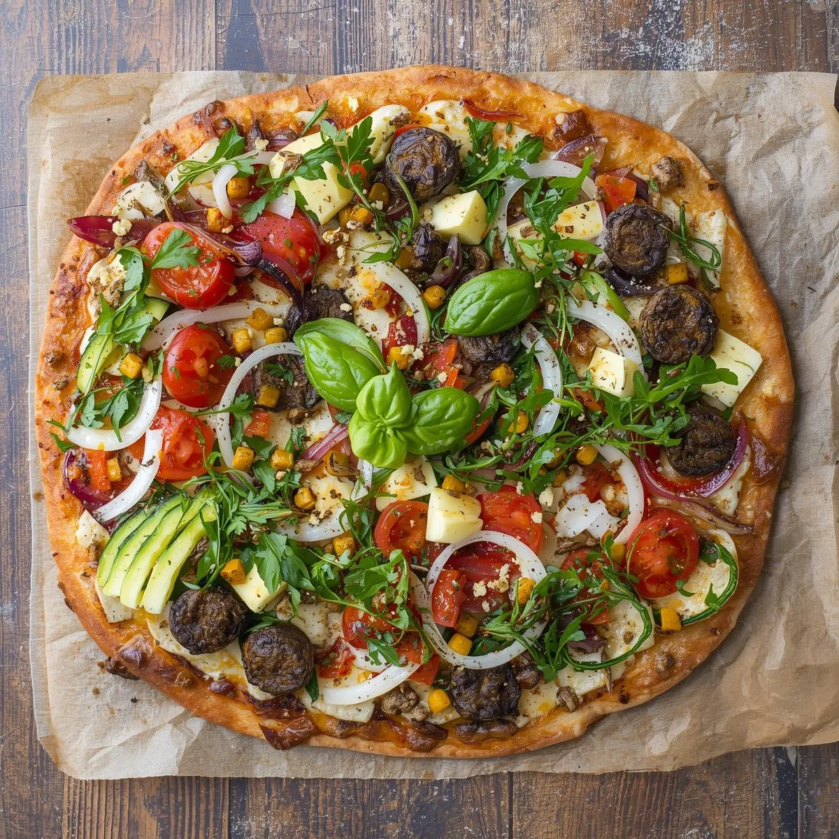 Veggie-loaded flatbread pizza with colorful toppings