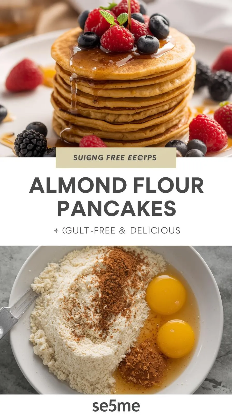 Vertical 9:16 pin featuring a low-carb breakfast spread — top: avocado bowls, omelets, and smoothie bowls on a light table; bottom: close-up of a person enjoying coffee and a healthy breakfast. Title centered: 'Start Your Day Right with Low-Carb Breakfasts.' Brand 'Se5.me' at bottom. Bright morning light, clean natural setting, DSLR lifestyle shot, calm and uplifting atmosphere