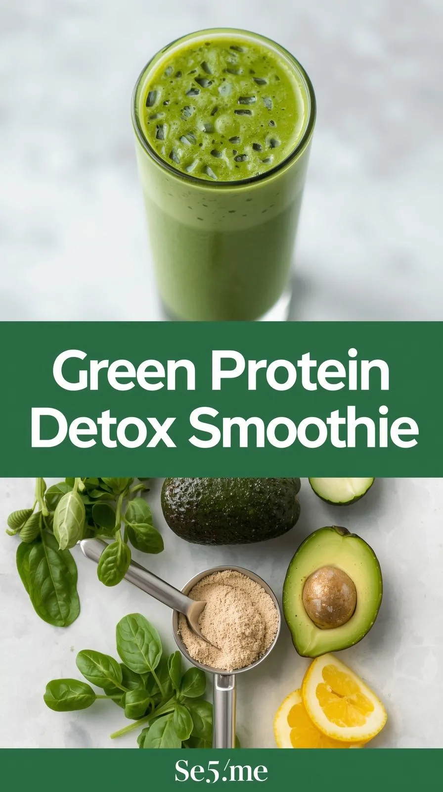 Vertical 9:16 pin featuring a variety of protein smoothies — top: 5 colorful smoothie jars arranged on a bright counter; bottom: close-up of a person pouring a smoothie into a glass with fresh fruits around. Title centered: 'Protein Smoothies for Weight Loss — Delicious & Easy.' Brand 'Se5.me' at bottom. Bright natural daylight, clean neutral kitchen, DSLR overhead and lifestyle photography, cheerful and energizing mood